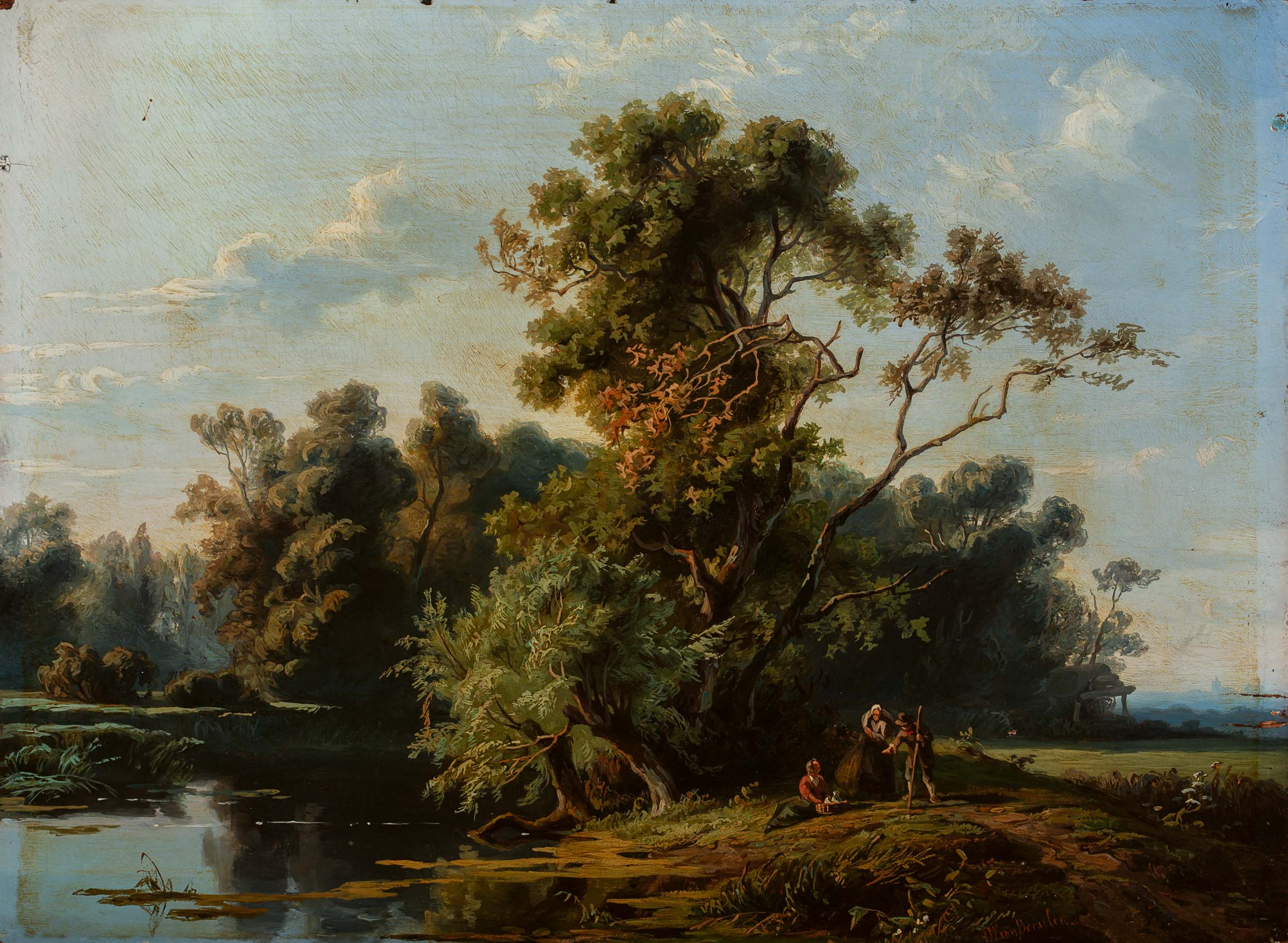 Dutch polder landscape with resting figures by the waterside